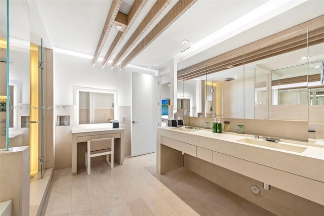 bathroom featuring hardwood / wood-style flooring, vanity, and an enclosed shower