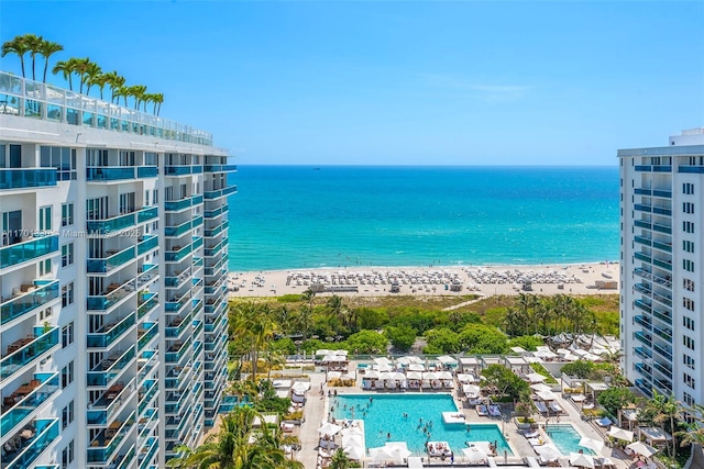 view of water feature with a beach view