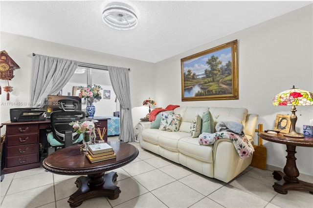 tiled living room with a textured ceiling