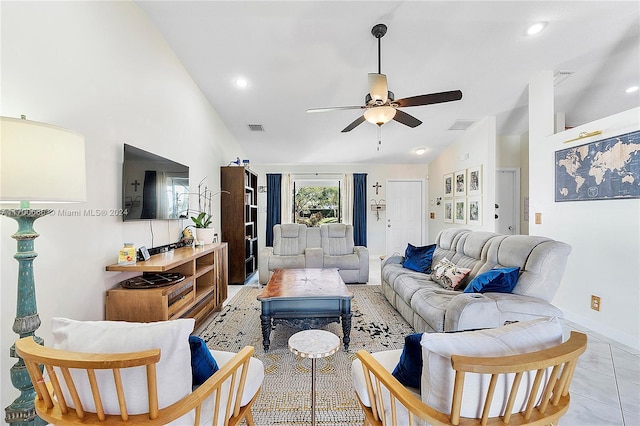 living room with ceiling fan, light tile patterned flooring, and high vaulted ceiling