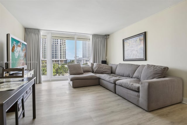 living room with floor to ceiling windows and light hardwood / wood-style flooring