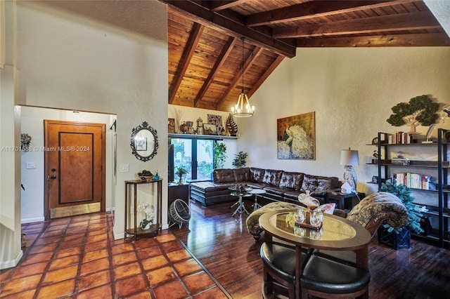 living room with wooden ceiling, hardwood / wood-style floors, lofted ceiling with beams, and a notable chandelier