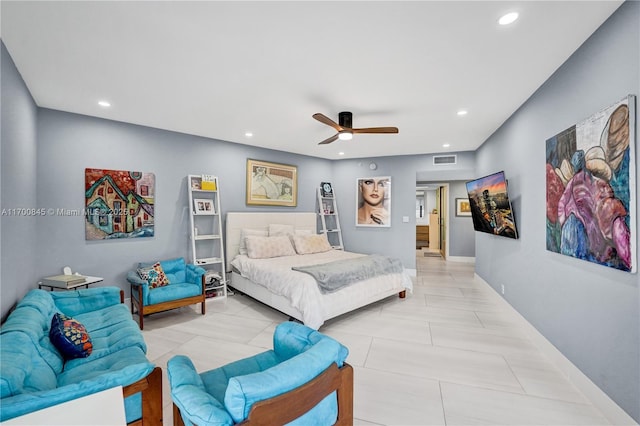 tiled bedroom featuring ceiling fan