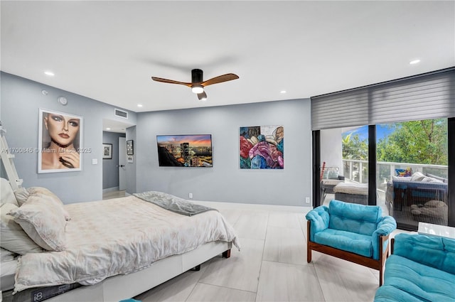 bedroom featuring access to outside and ceiling fan