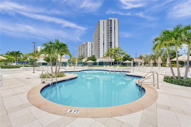 view of swimming pool with a patio area