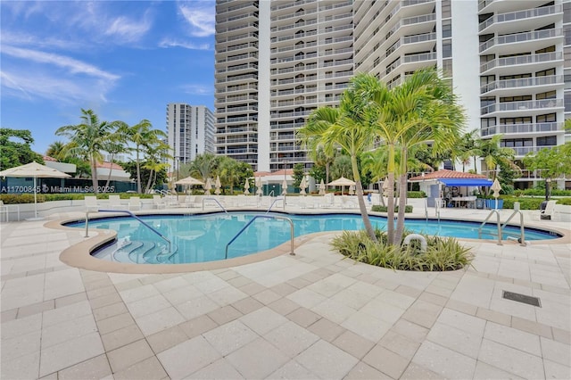 view of swimming pool featuring a patio