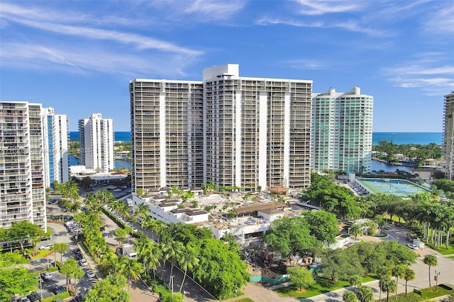 view of building exterior featuring a water view