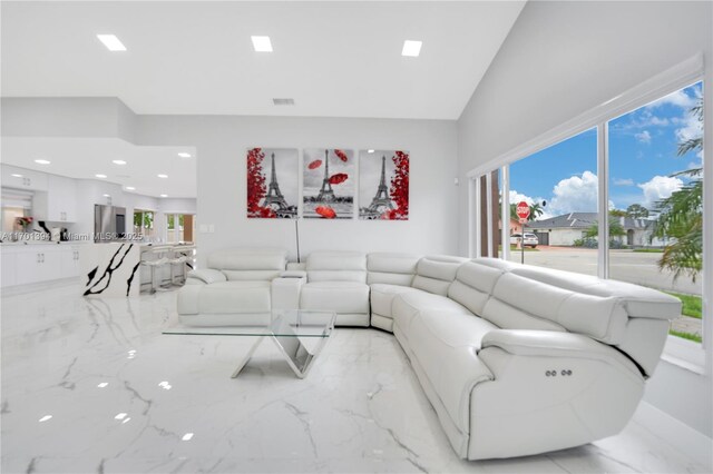 living room featuring vaulted ceiling