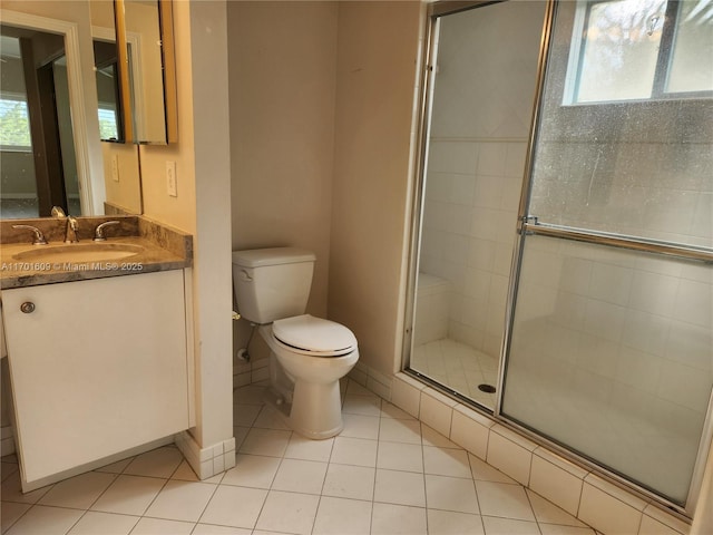 bathroom featuring tile patterned floors, an enclosed shower, vanity, and toilet