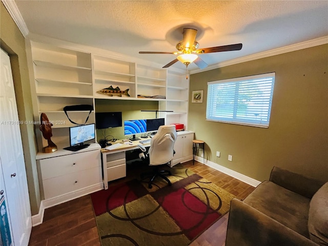 office featuring a textured ceiling, ceiling fan, ornamental molding, and dark wood-type flooring