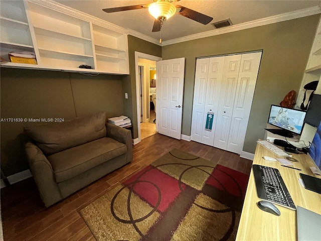 interior space featuring dark hardwood / wood-style flooring, ceiling fan, and ornamental molding