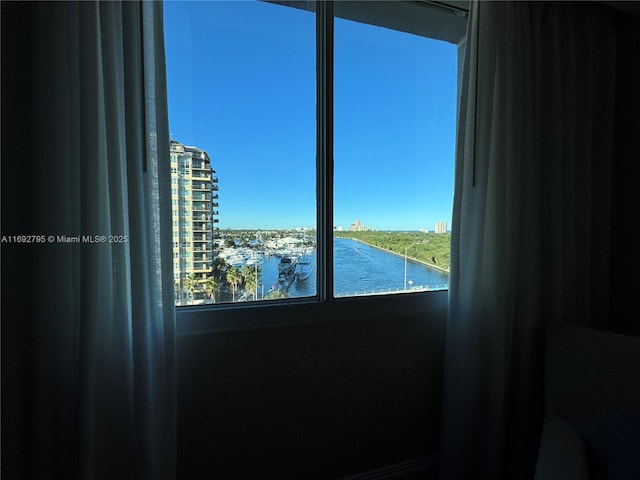 interior details with a water view