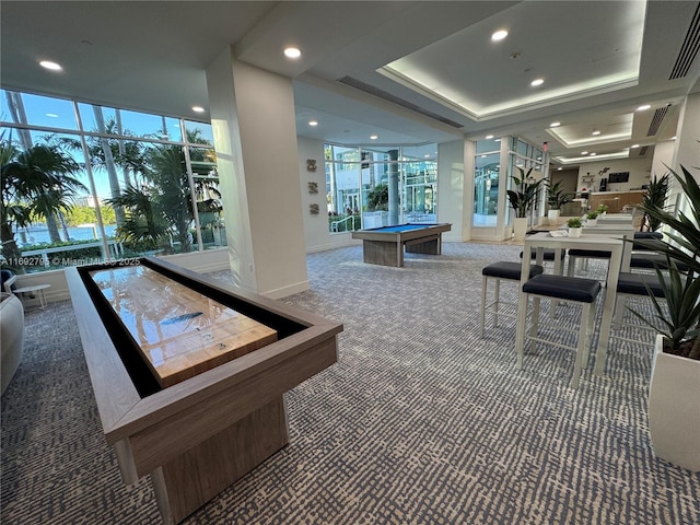 game room with carpet floors, a tray ceiling, pool table, and recessed lighting