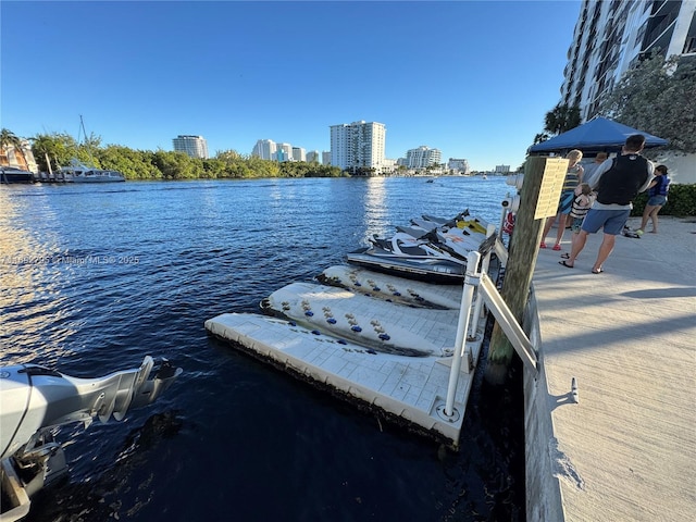 view of dock with a water view and a city view