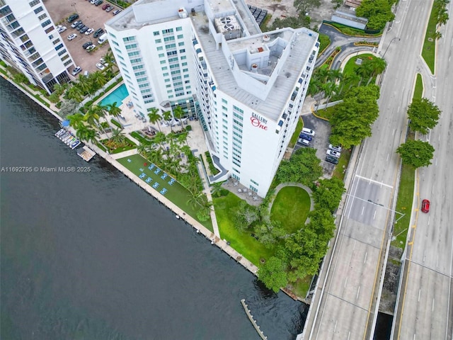 drone / aerial view with a water view