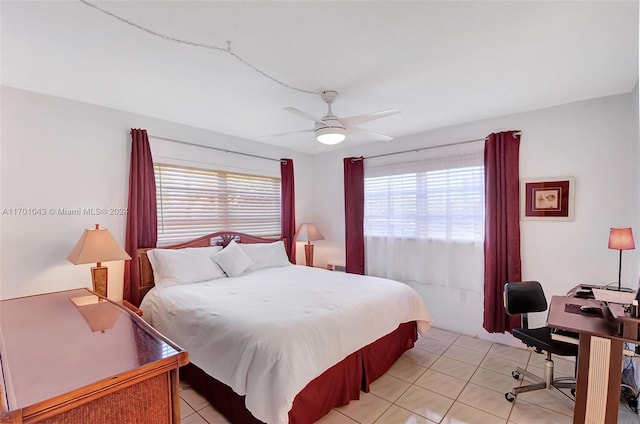 bedroom featuring ceiling fan and light tile patterned floors