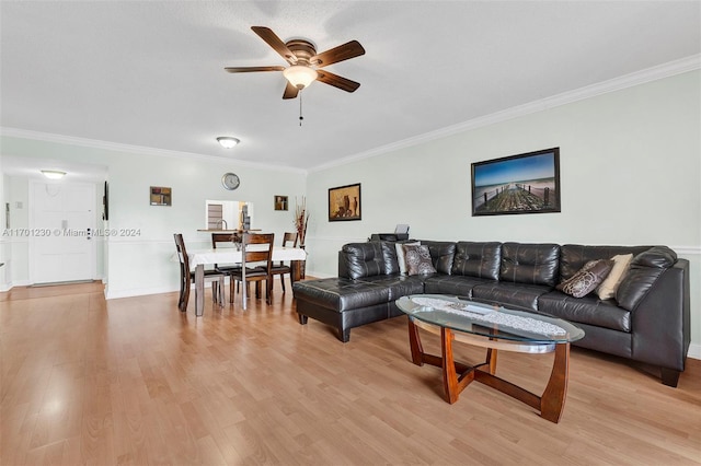 living room with crown molding, ceiling fan, and light wood-type flooring