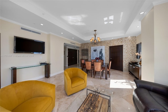 living area featuring ornamental molding, recessed lighting, a raised ceiling, and baseboards