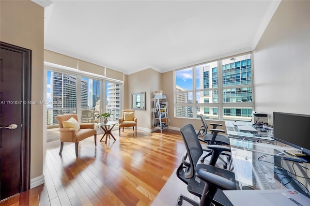 office space featuring crown molding, baseboards, and wood finished floors