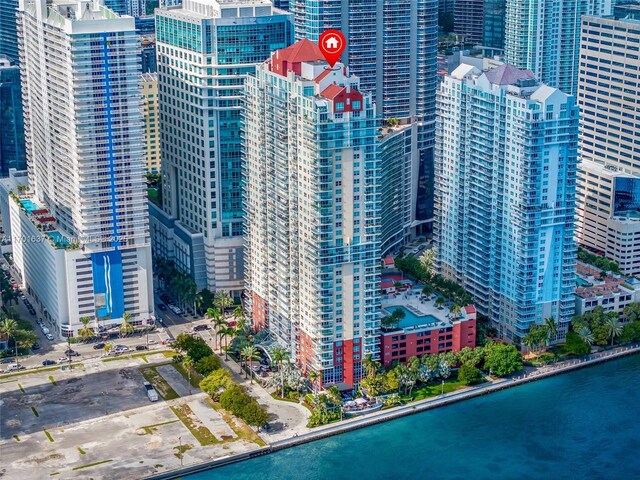 aerial view featuring a water view