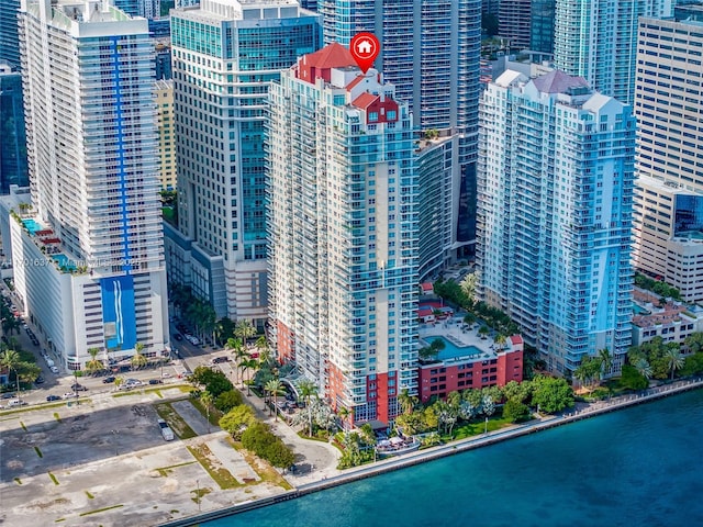 bird's eye view with a water view and a city view