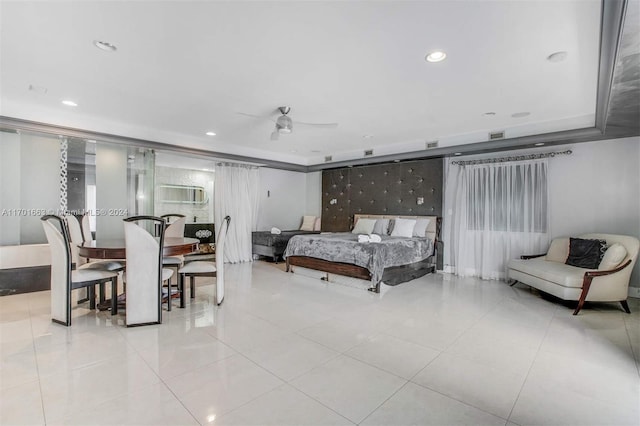 bedroom featuring ceiling fan and light tile patterned flooring