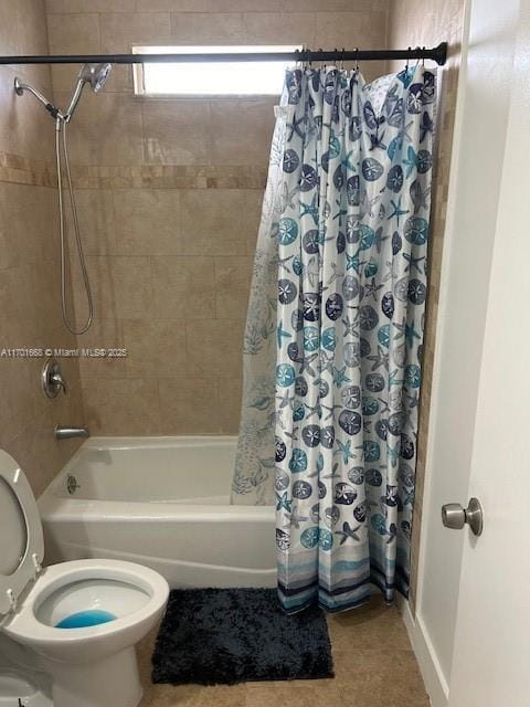 bathroom with tile patterned floors, toilet, and shower / bathtub combination with curtain