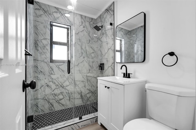 bathroom featuring vanity, toilet, and a shower with door