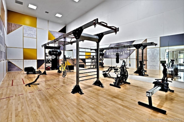 workout area with hardwood / wood-style flooring and a high ceiling