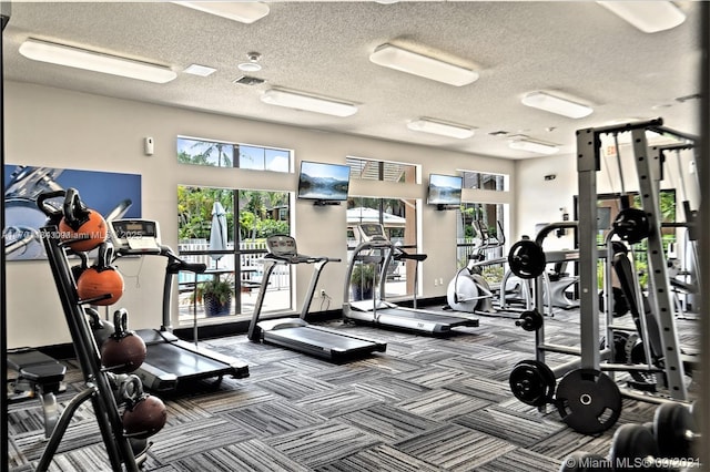 workout area with carpet floors