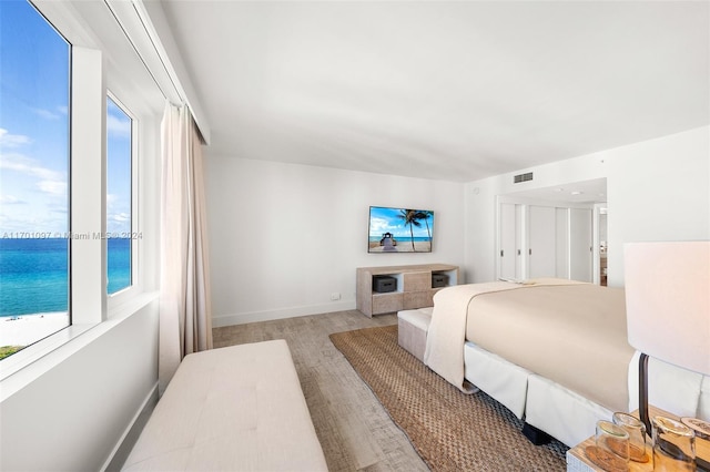 bedroom featuring light wood-type flooring, a water view, and multiple windows