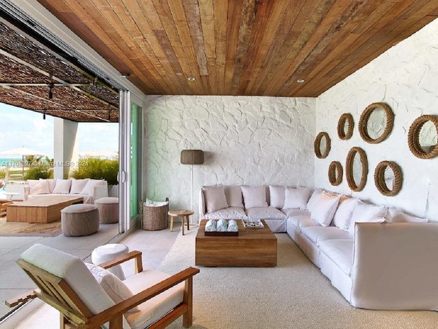 living room featuring wooden ceiling