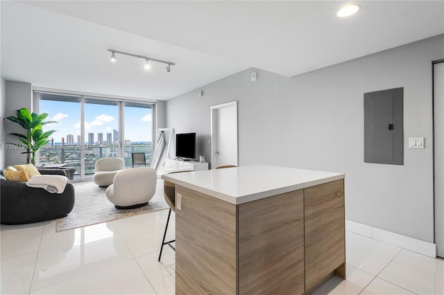 kitchen featuring a center island, rail lighting, electric panel, a breakfast bar area, and light tile patterned flooring