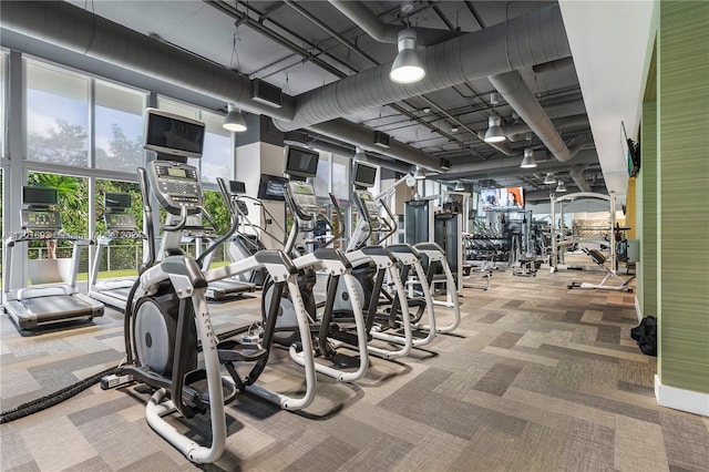 exercise room with carpet flooring