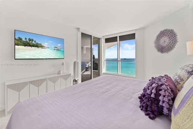 carpeted bedroom featuring a water view and radiator