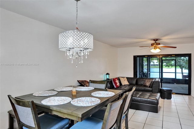 dining area with ceiling fan and light tile patterned flooring