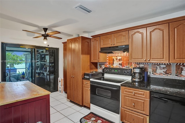 kitchen featuring ceiling fan, black dishwasher, tasteful backsplash, white range with electric stovetop, and light tile patterned floors