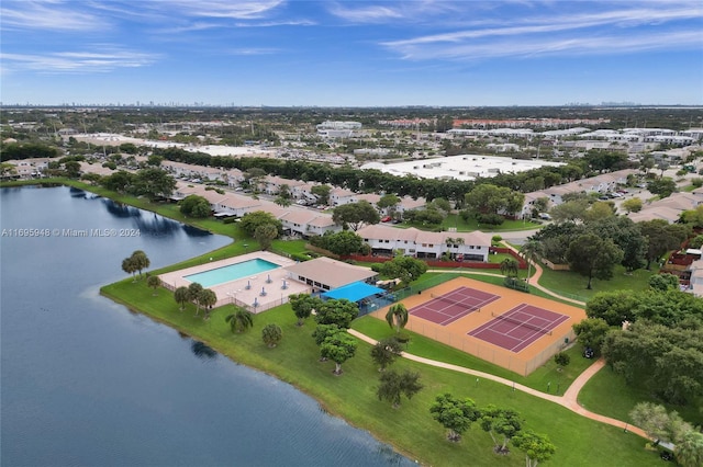 birds eye view of property featuring a water view