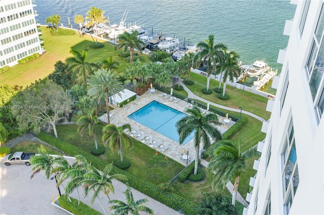 drone / aerial view featuring a water view