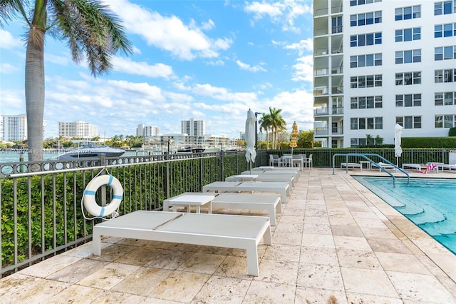 view of pool with a water view