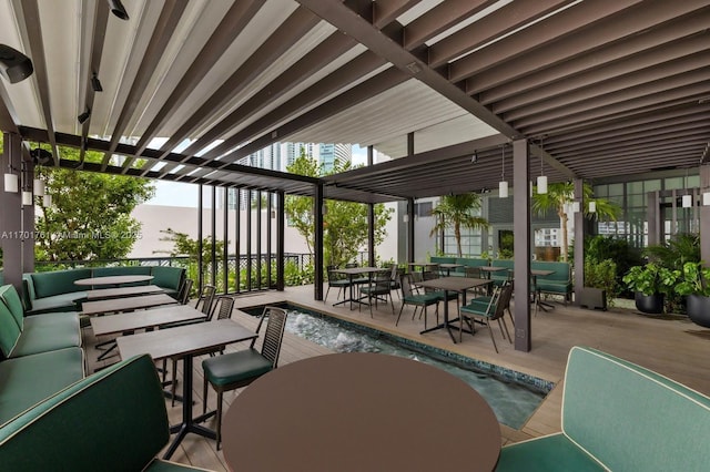 patio terrace at dusk with an outdoor hangout area