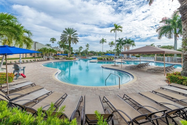 view of pool featuring a gazebo and a patio