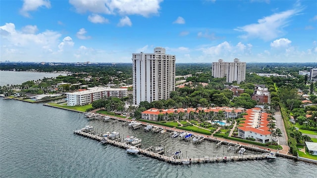 aerial view featuring a water view