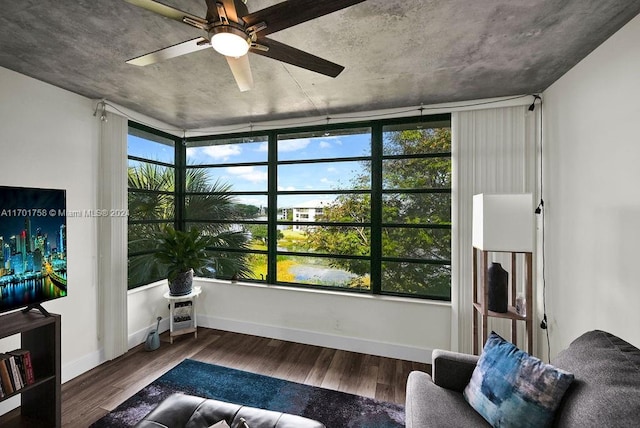 living room with ceiling fan and dark hardwood / wood-style flooring