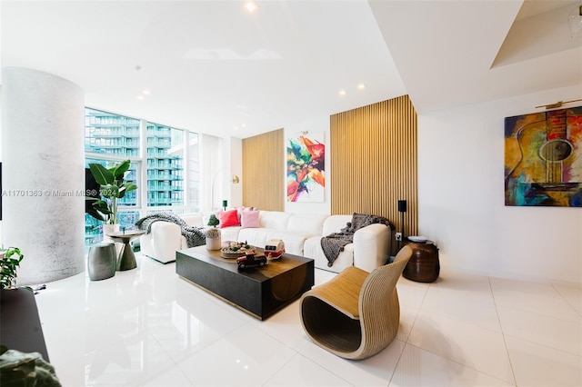 living room featuring light tile patterned floors