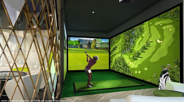 playroom with golf simulator