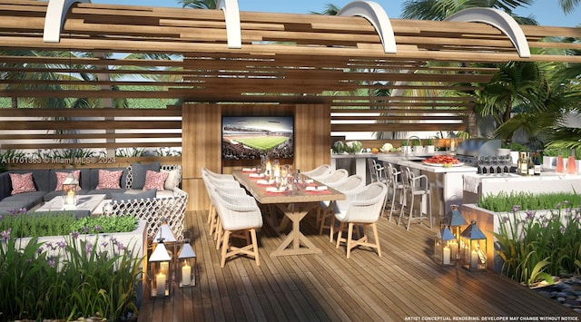 wooden deck with exterior bar, outdoor lounge area, a pergola, and grilling area