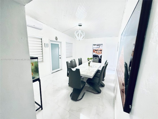 dining space with a wall mounted AC, lofted ceiling, and an inviting chandelier