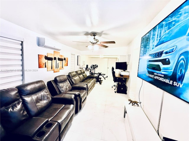 living room featuring ceiling fan and a wall mounted air conditioner