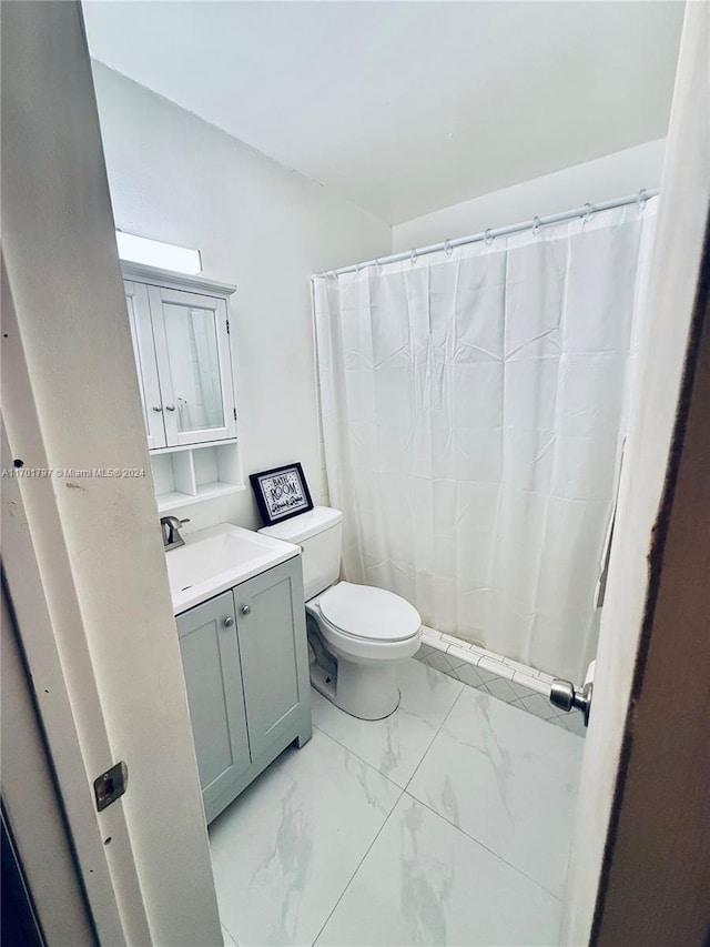 bathroom featuring curtained shower, vanity, and toilet